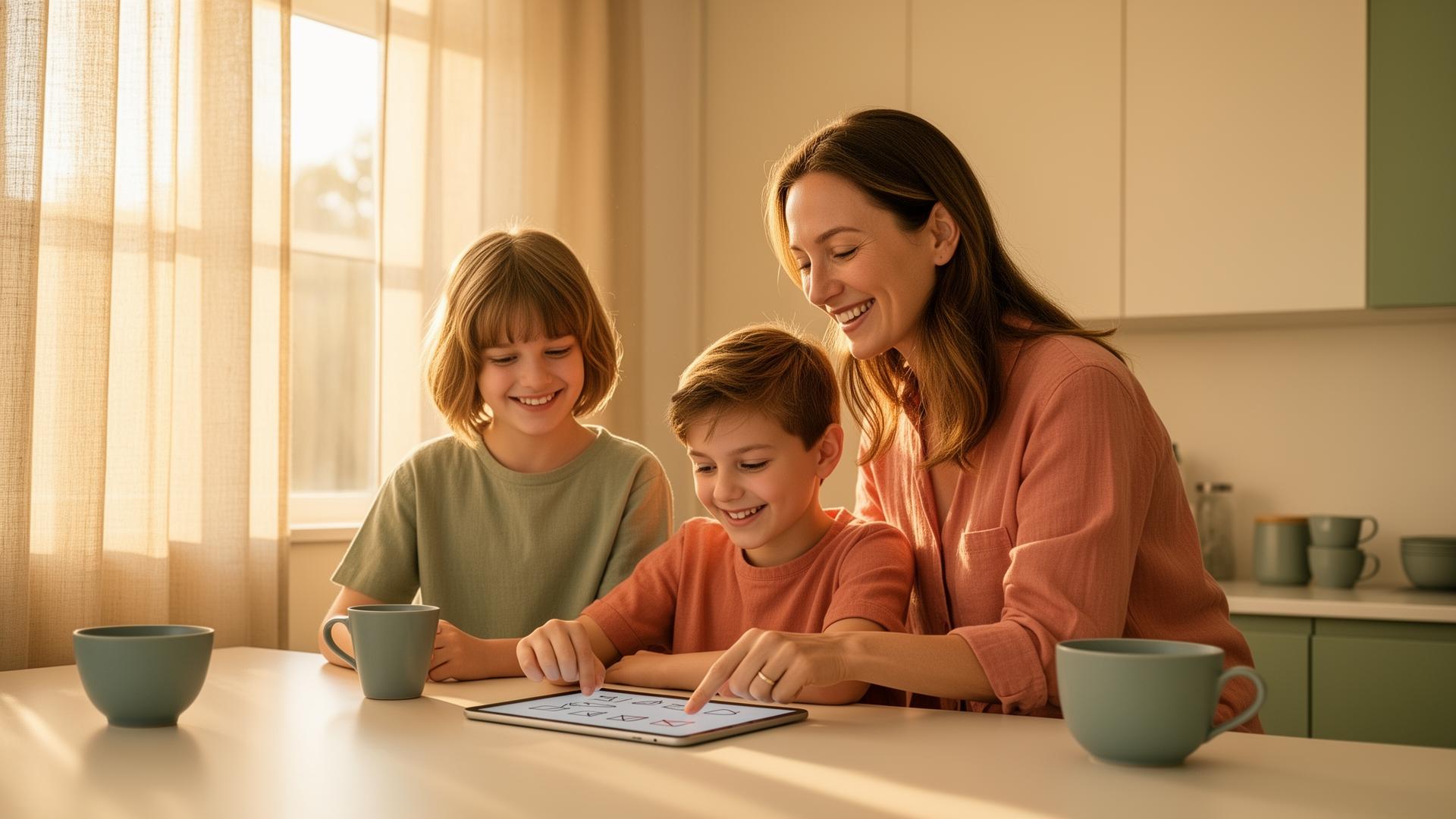 Parent and children reviewing chores together at a calm kitchen table
